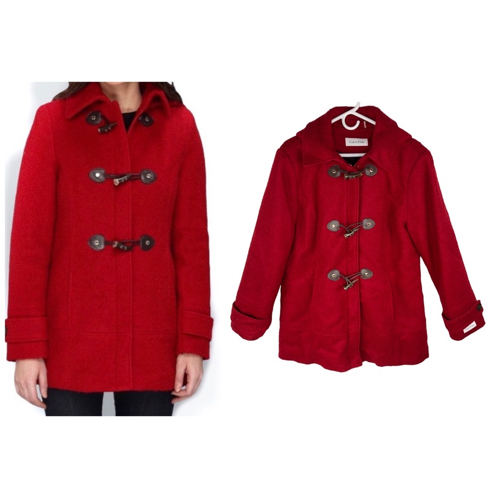 Calvin Klein Red Wool Blend Hooded Mid-Length Toggle Coat